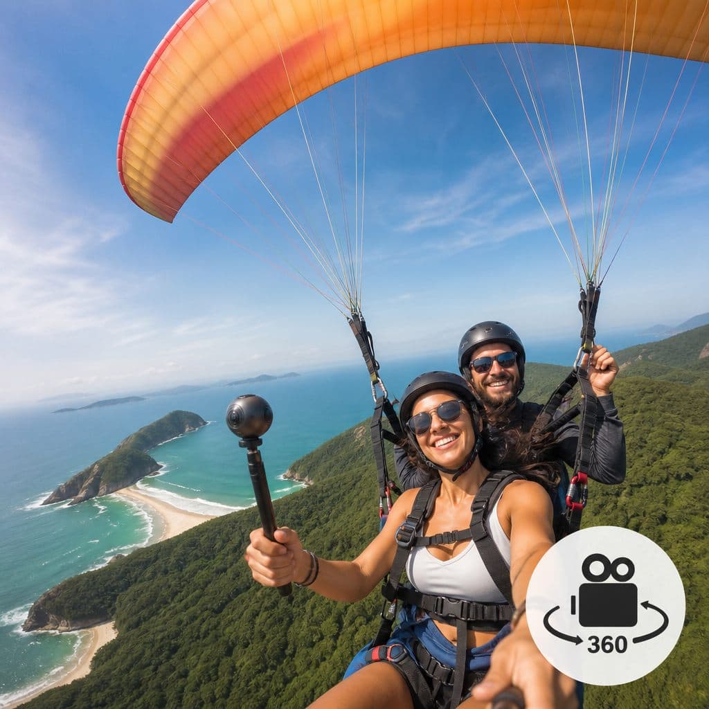 Voo de parapente / paraglider duplo / tandem com filmagem 360° em Ubatuba
